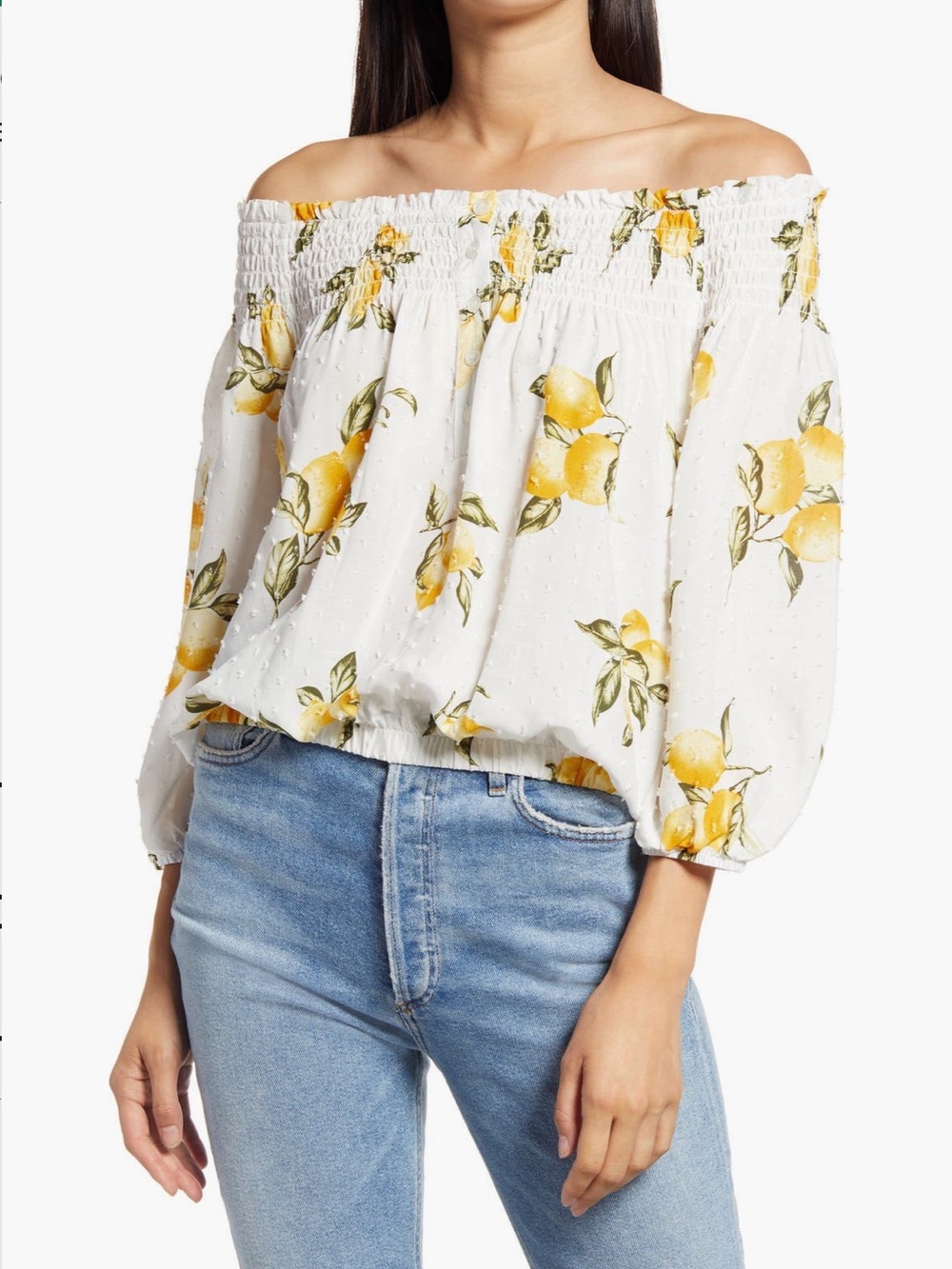 NWOT Socialite Smocked Off-Shoulder Lemon Print Blouse - White/Yellow, Small